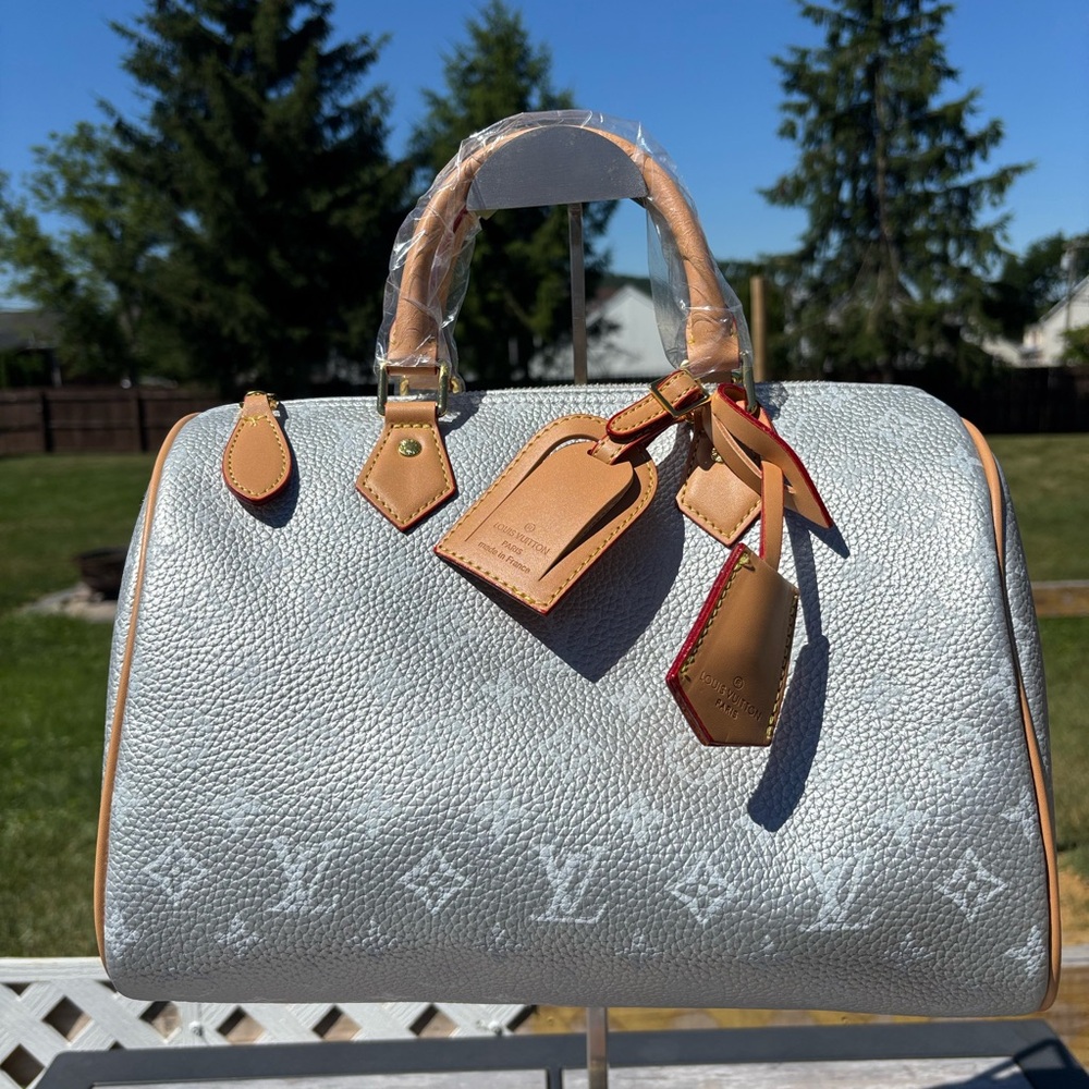 Silver Monogram satchel with faux Vachetta Trim